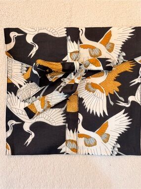 Crane Print Fabric Pouch - Black Gold Accent 100% Cotton